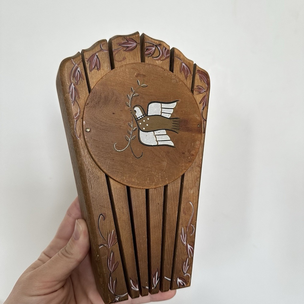 Vtg Wood Knife Wall Hanging Knife With Dove Block Holder 5 Knives‎ Grannycore